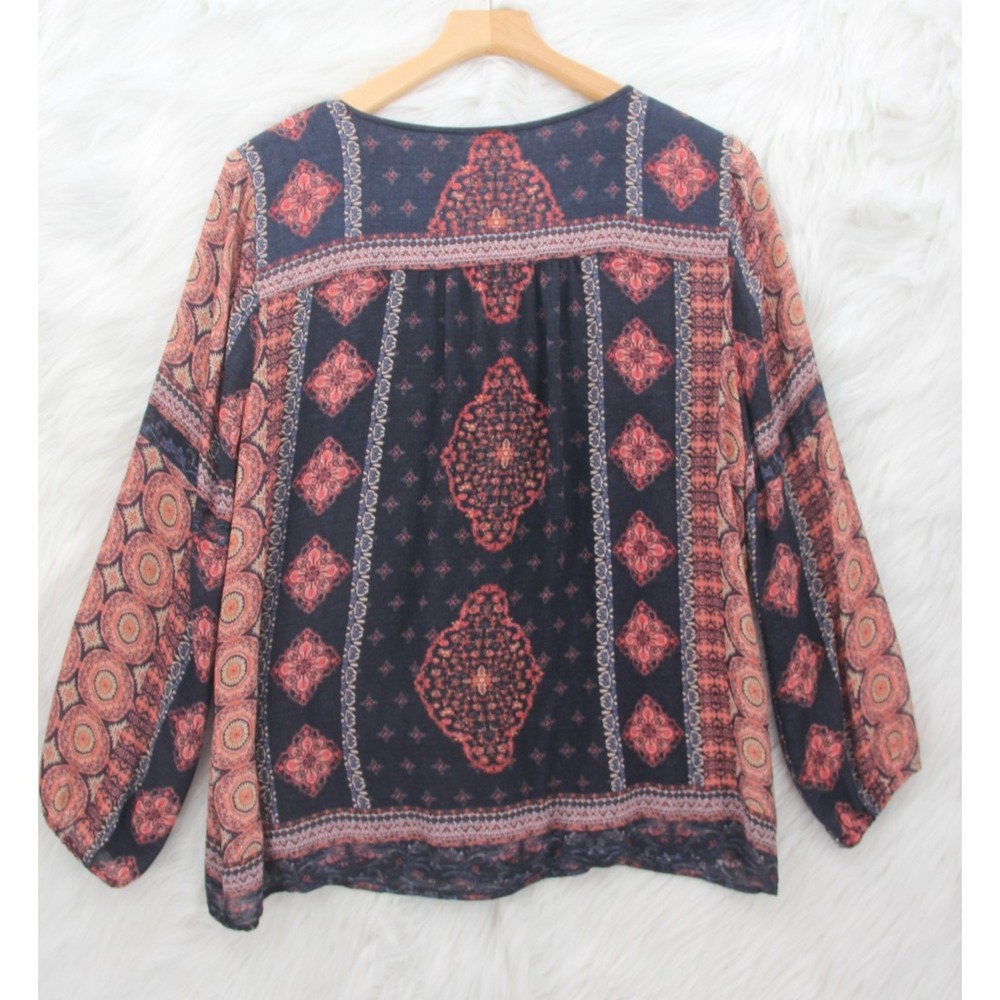 Lucky Brand Tunic Top Women XL Orange Blue Geometric Long Sleeve Boho Indie - Picture 11 of 12